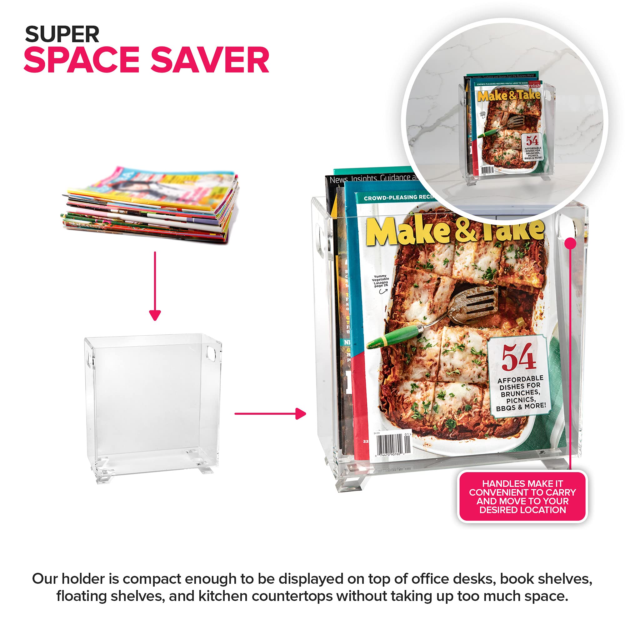 Stock Your Home open-top acrylic magazine holder saves desk space while keeping mags visible.