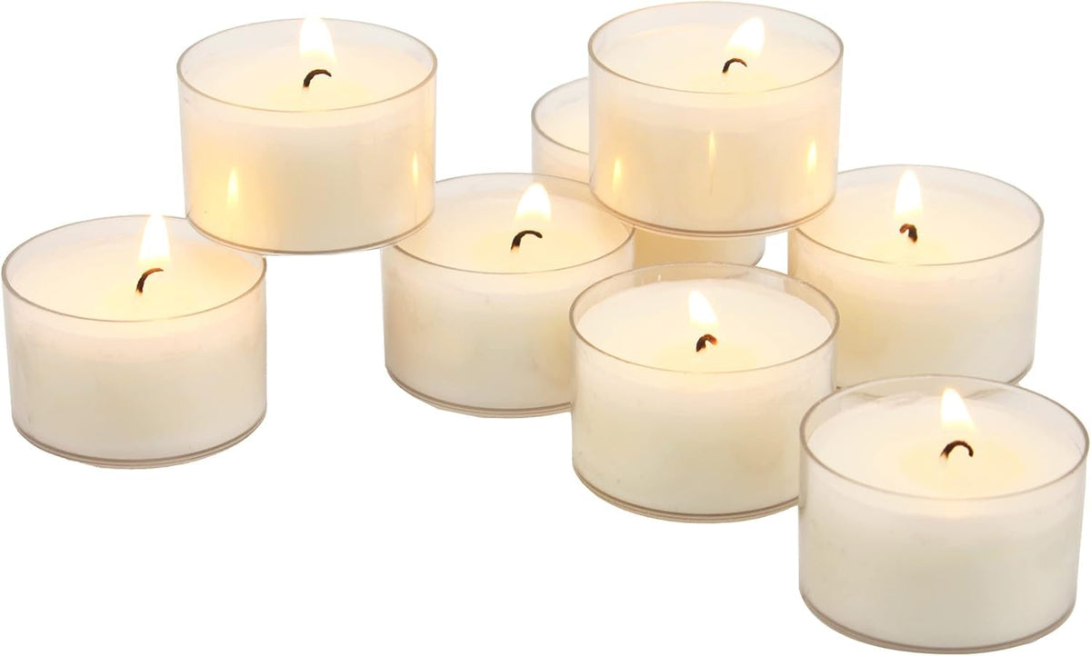Stonebriar 96-pack unscented tea lights in clear cups for clean, smokeless ambience.