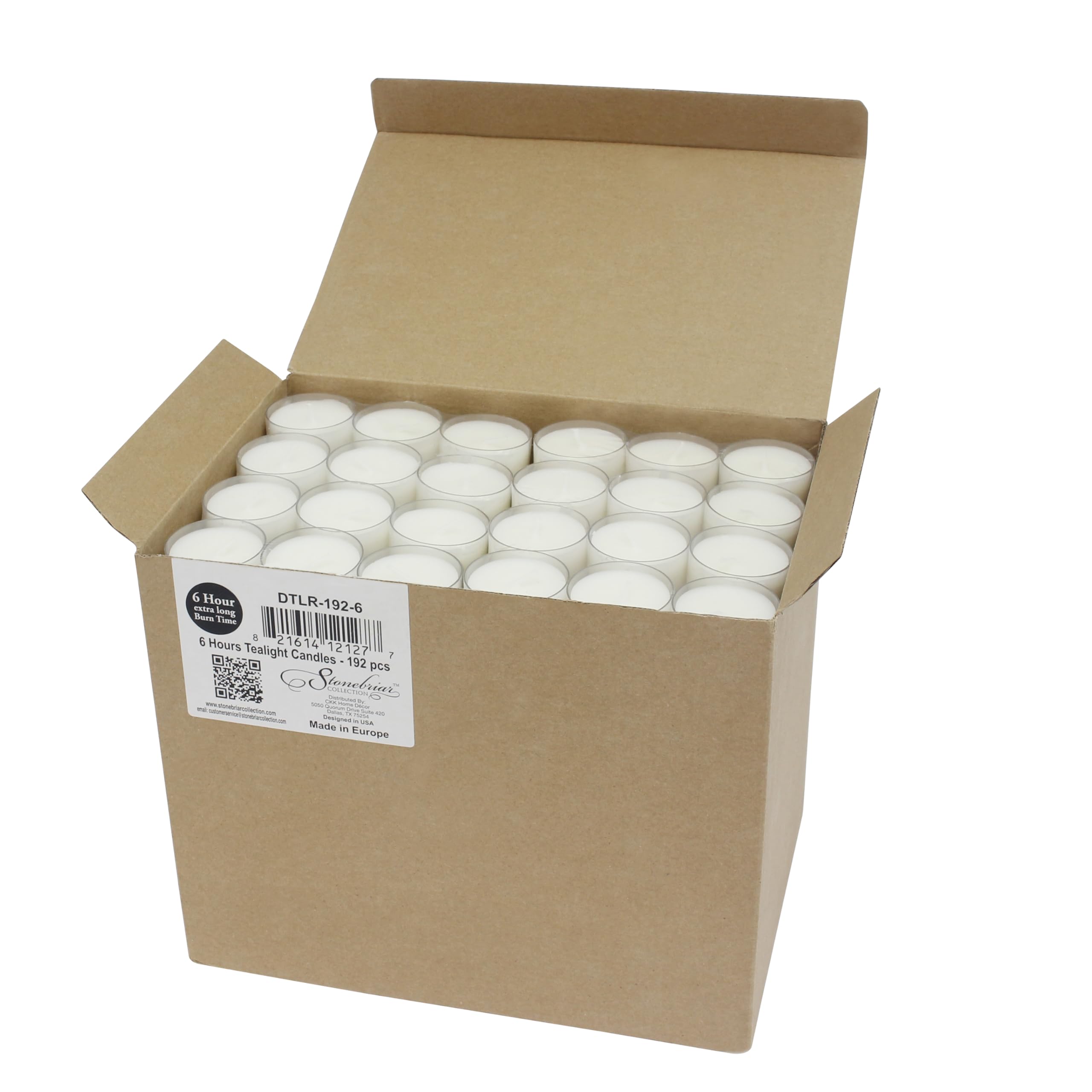 Stonebriar long-burn time tea lights provide 6-7 hours of warm ambience.