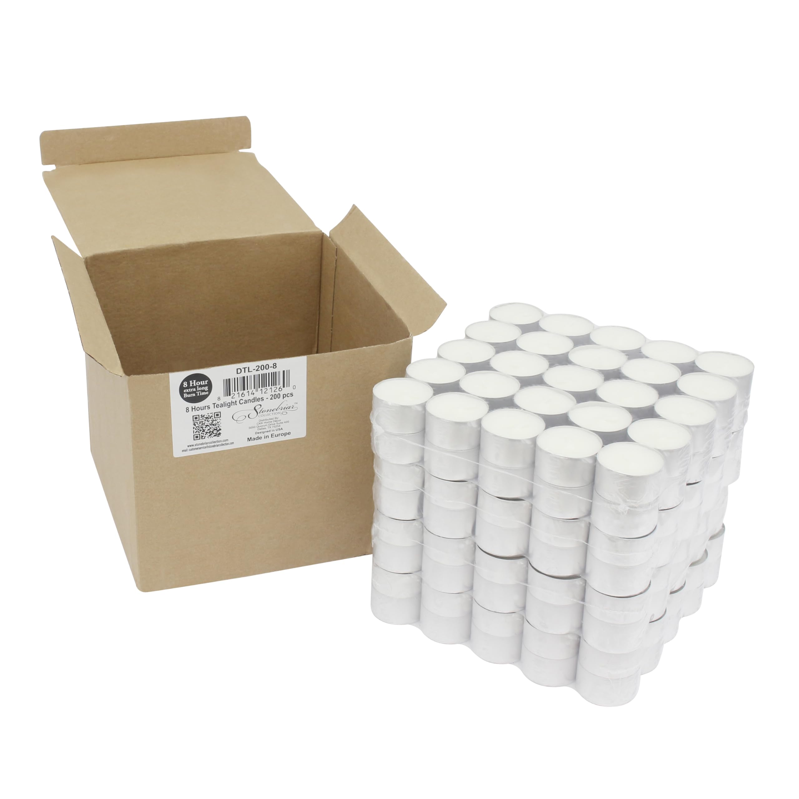 Stonebriar long-burning tea lights with cotton wicks provide a steady flame.