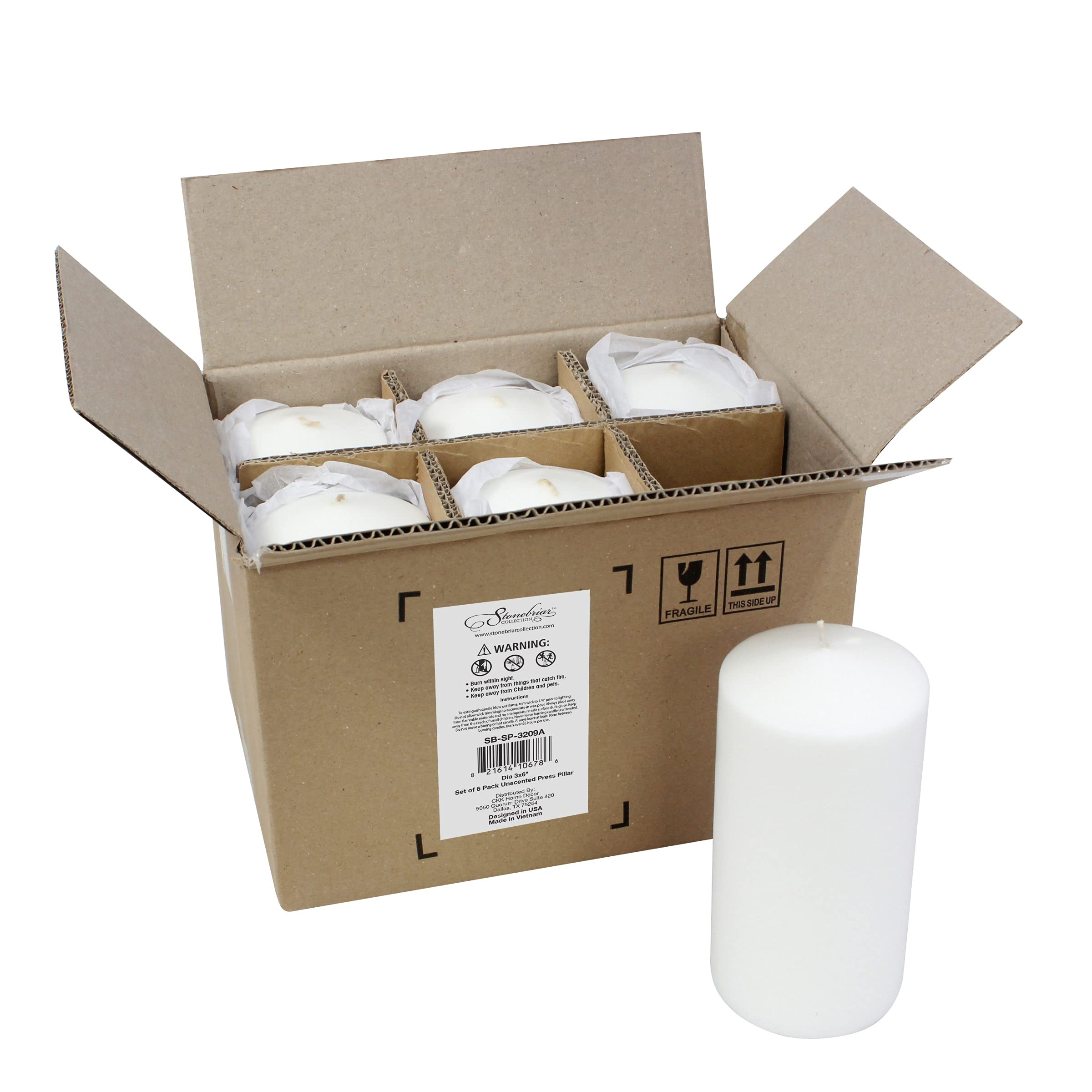 Stonebriar unscented pillars with lead-free wicks offer clean, smoke-free burns.