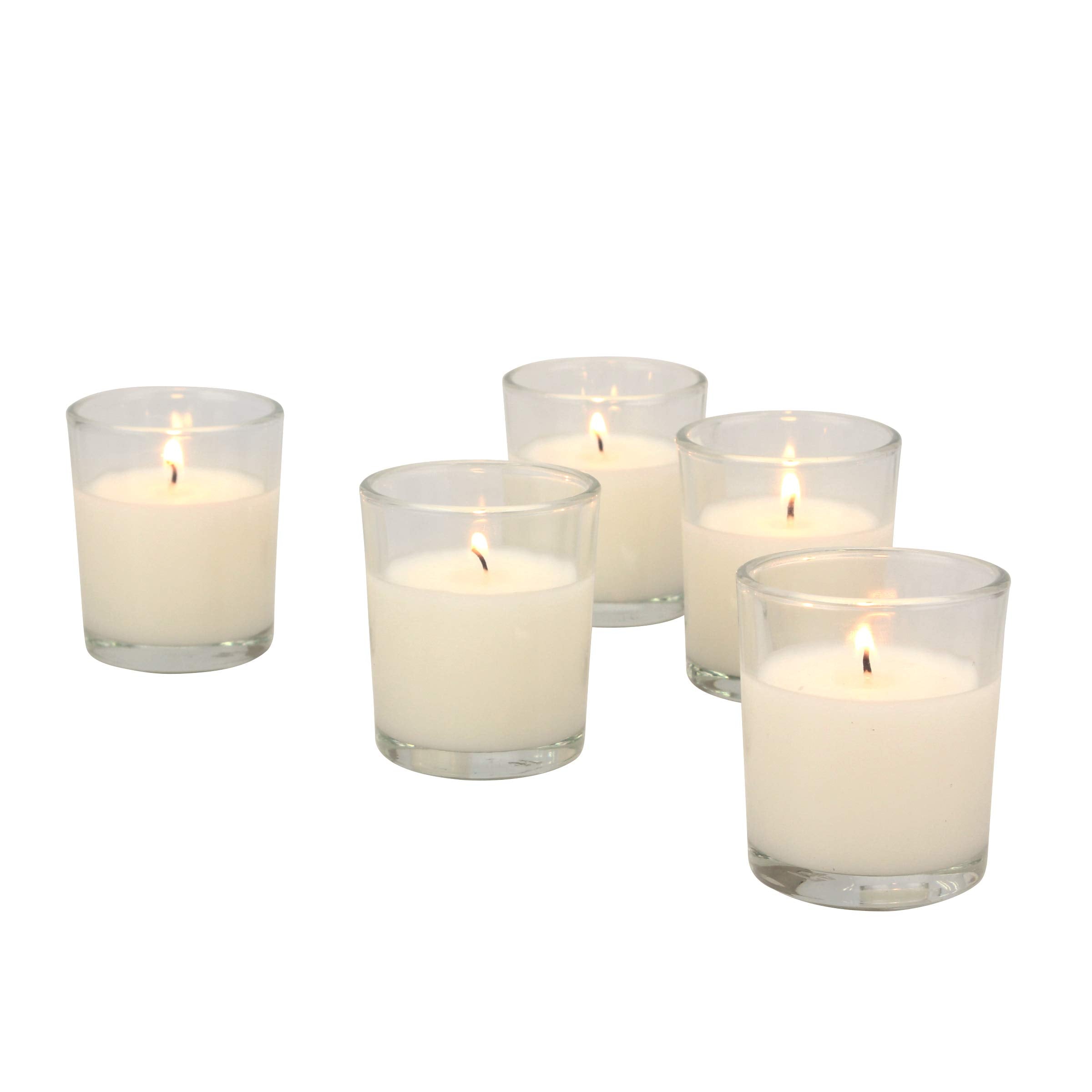 Stonebriar unscented votive candles in clear glass for a long-lasting glow.