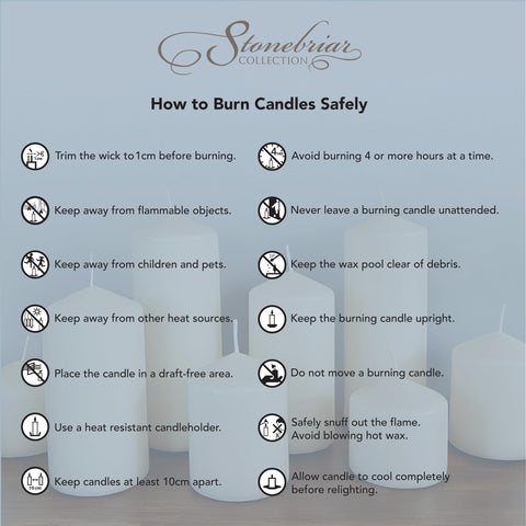 Stonebriar unscented white tall pillar candle in decorative display.