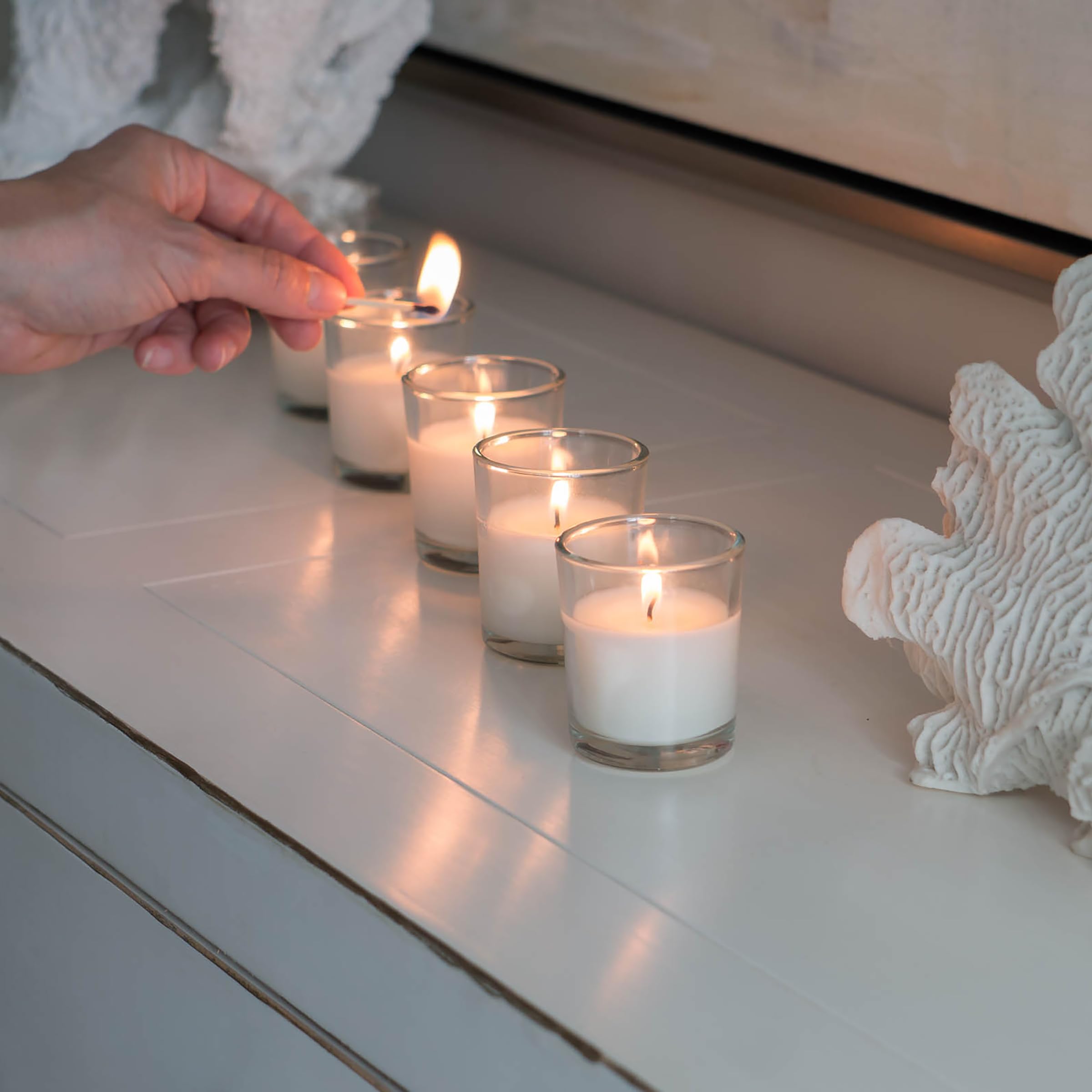 Stonebriar votive decor for weddings with white glass finish
