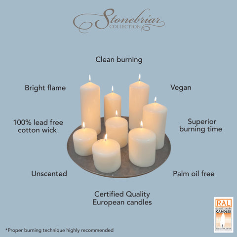 Stonebriar unscented white pillar candles with clean burn for events.