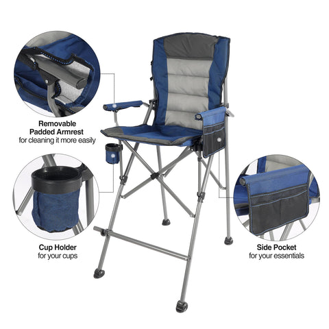 Stonehomy blue chair includes a cup holder for beverages outdoors.
