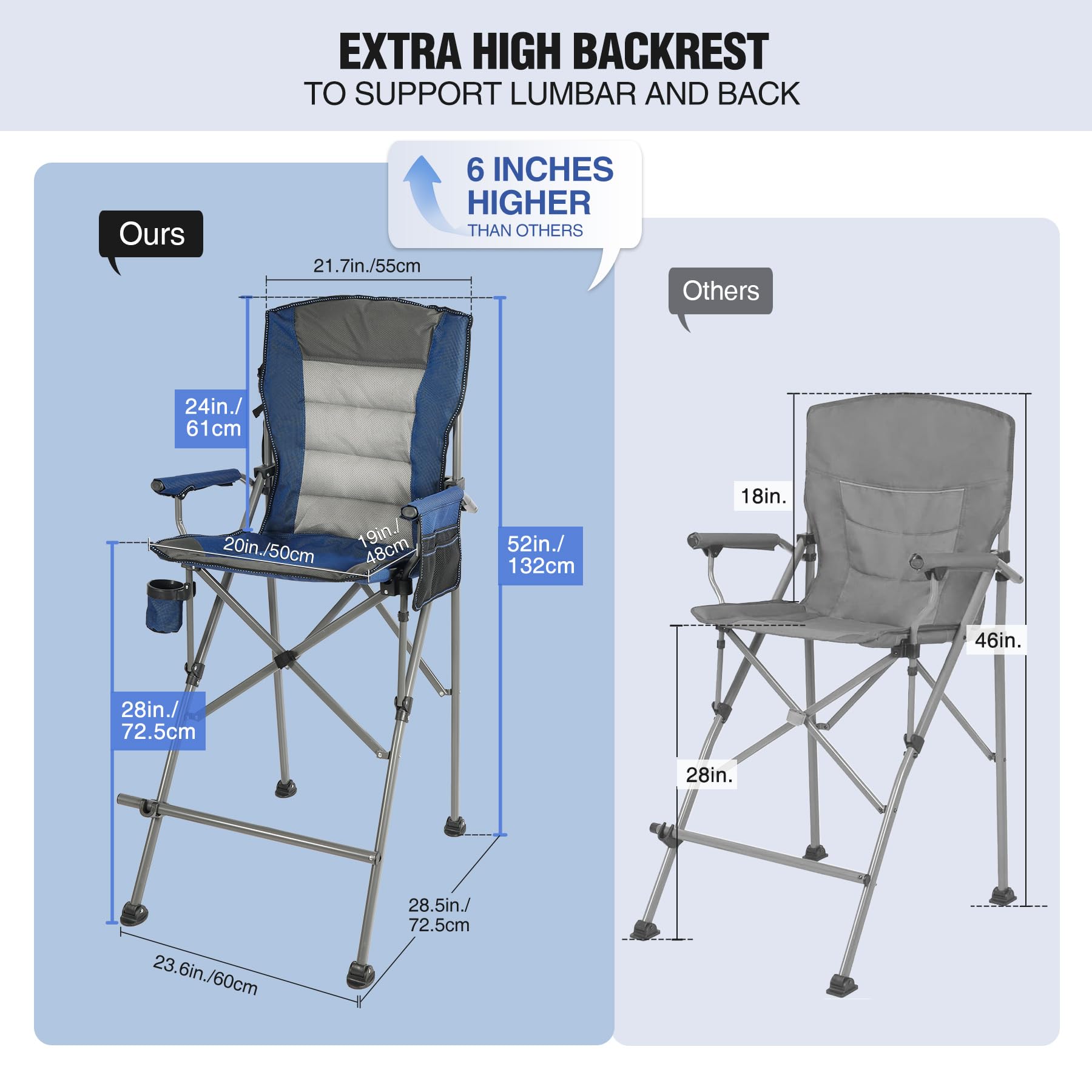 Stonehomy blue folding chair with footrest for outdoor relaxation.