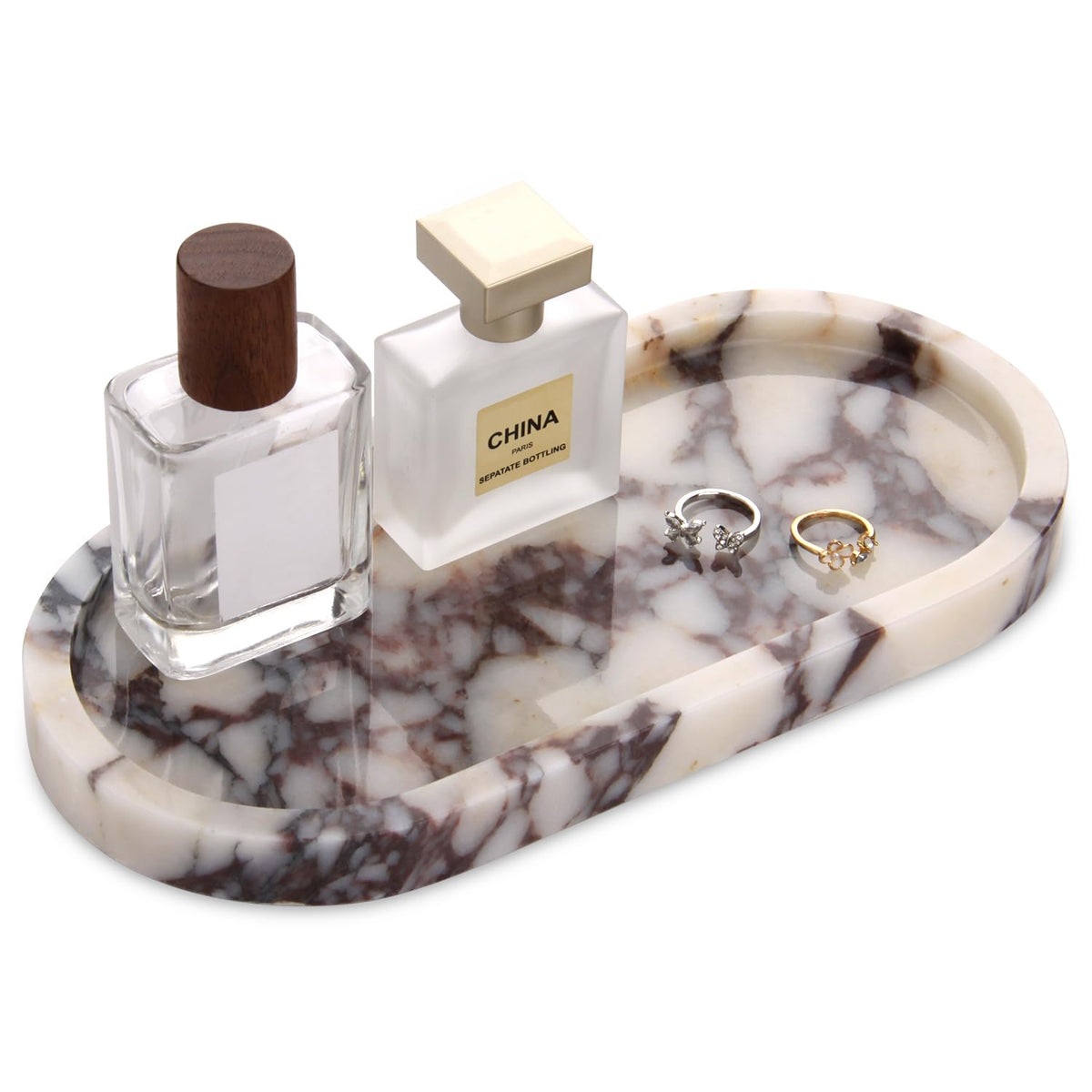 Stonemanus oval natural marble tray for vanity organization with unique veining