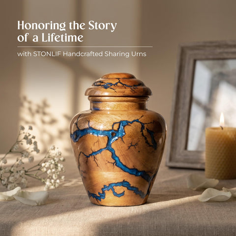 STONLIF blue-accent memorial urn ideal for peaceful home remembrance.