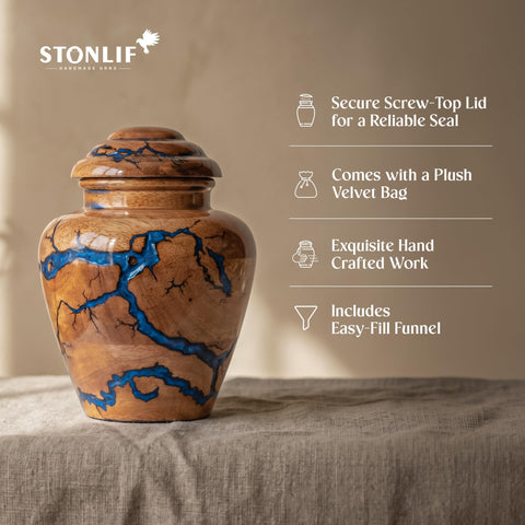 STONLIF handcrafted wooden urn showcasing unique blue inlays.