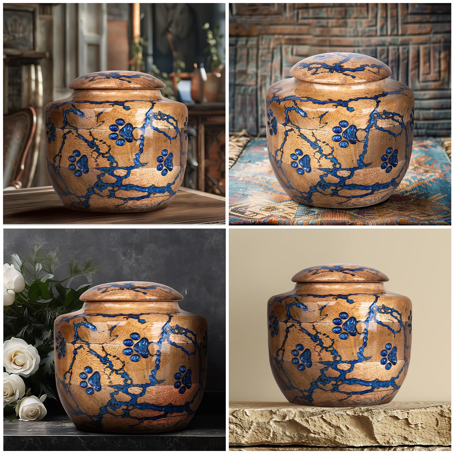 STONLIF mango wood urn blue finish highlights natural grain warmth.