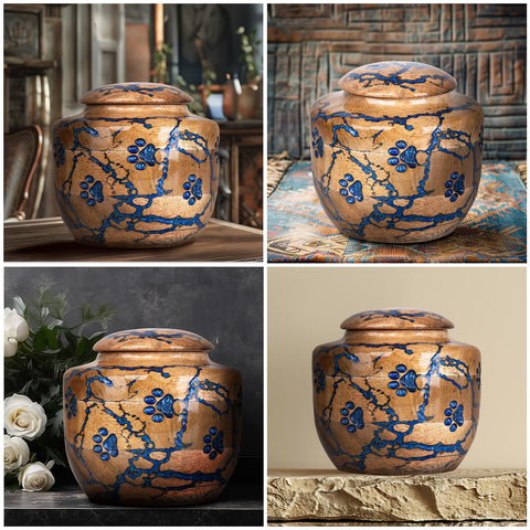 STONLIF mango wood urn blue finish highlights natural grain warmth.