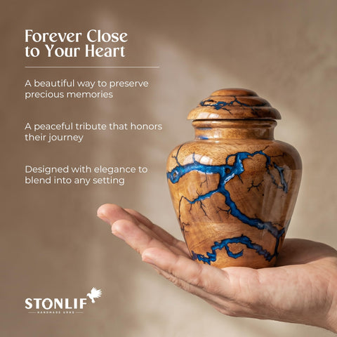 STONLIF wood-finish urn shown from top view for elegant presentation.