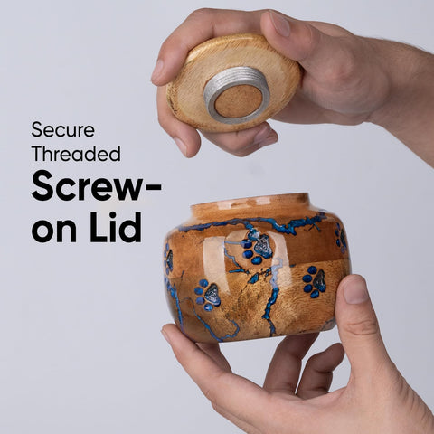 STONLIF wood urn blue screw-on lid offers secure, easy access to ashes.