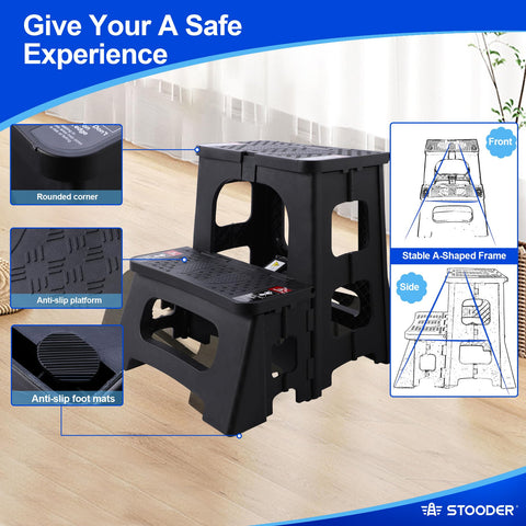 STOODER folding stool anti-slip platform on slick floor for secure footing.
