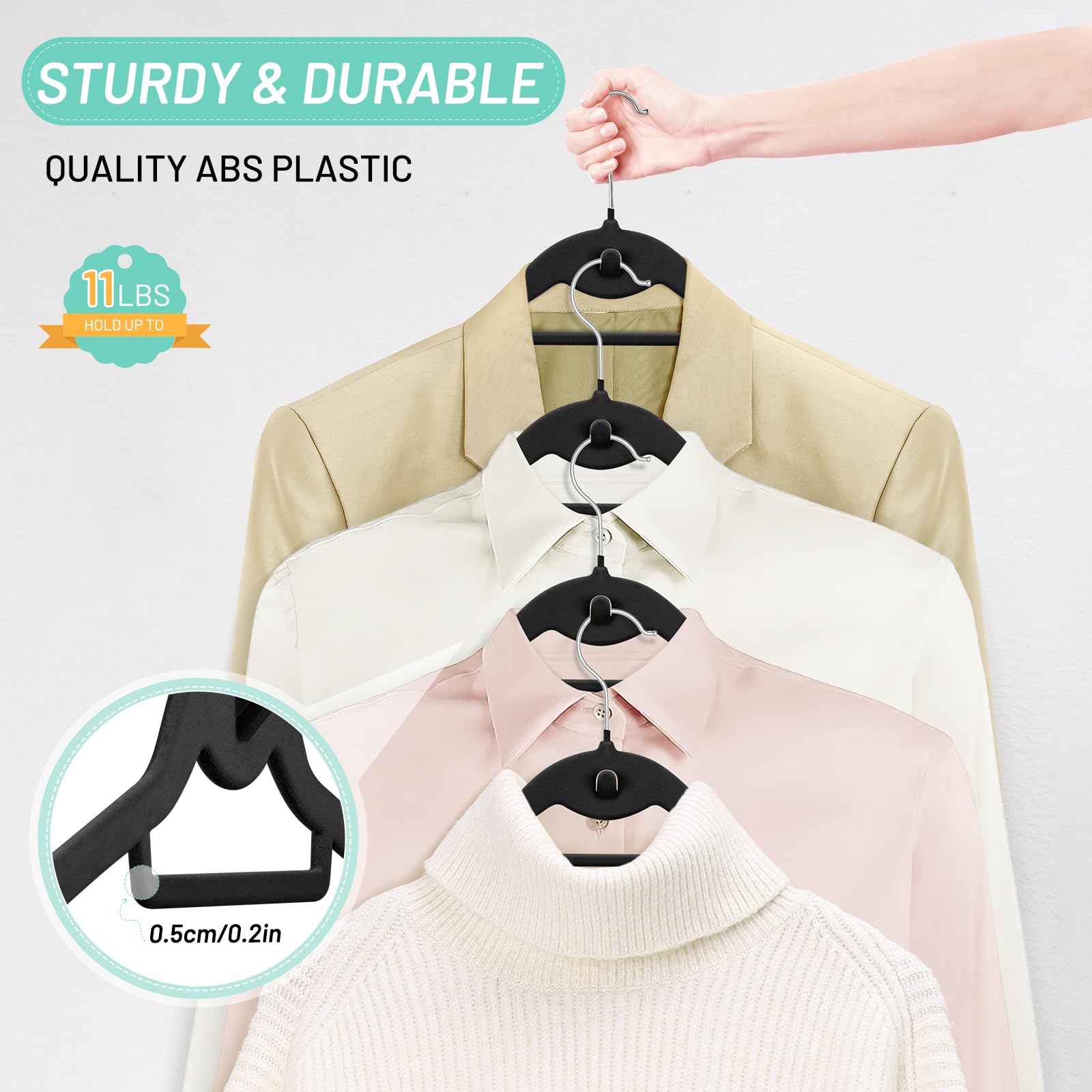 STOPKLAS velvet hangers feature a 360-degree swivel hook for easy access