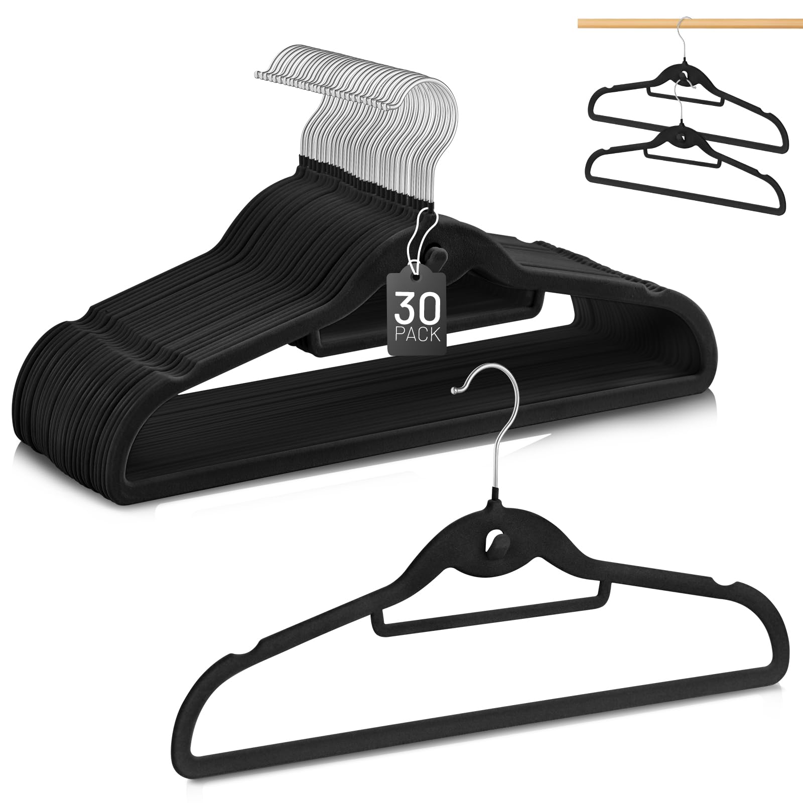 STOPKLAS velvet hangers 30-pack in a tidy closet showing non-slip finish and premium look