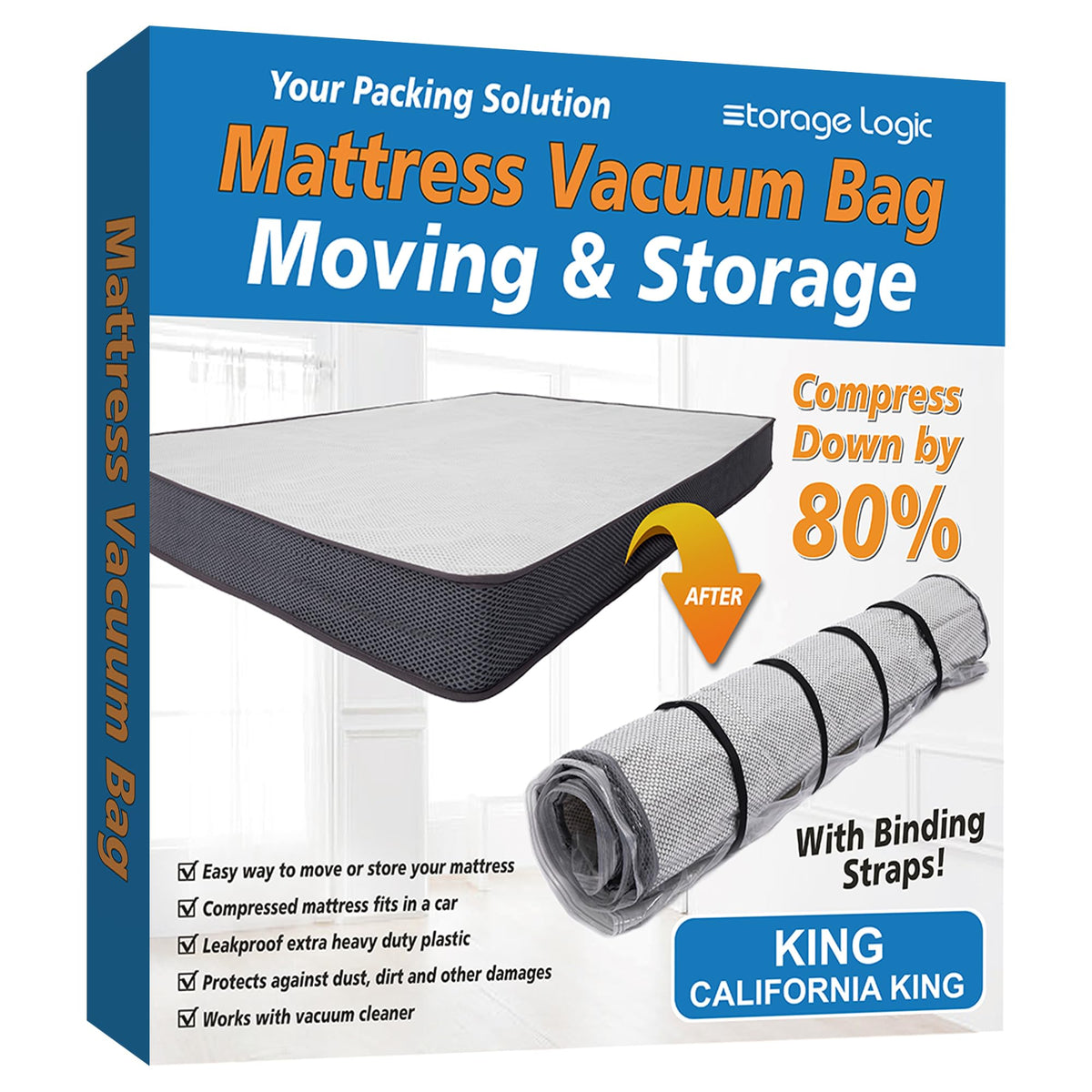 Storage Logic foam mattress vacuum bag king demonstrates compact storage for a king mattress.