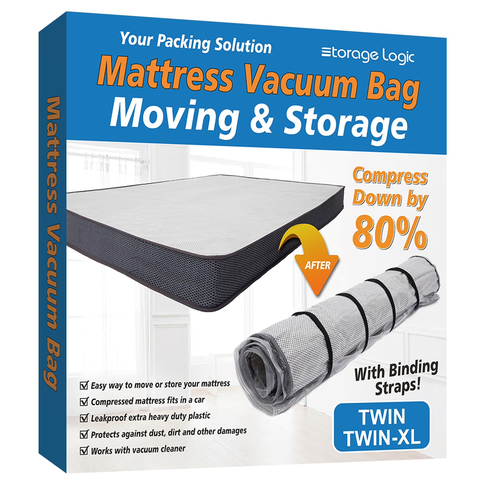 Storage Logic foam mattress vacuum bag rolled up for easy moving