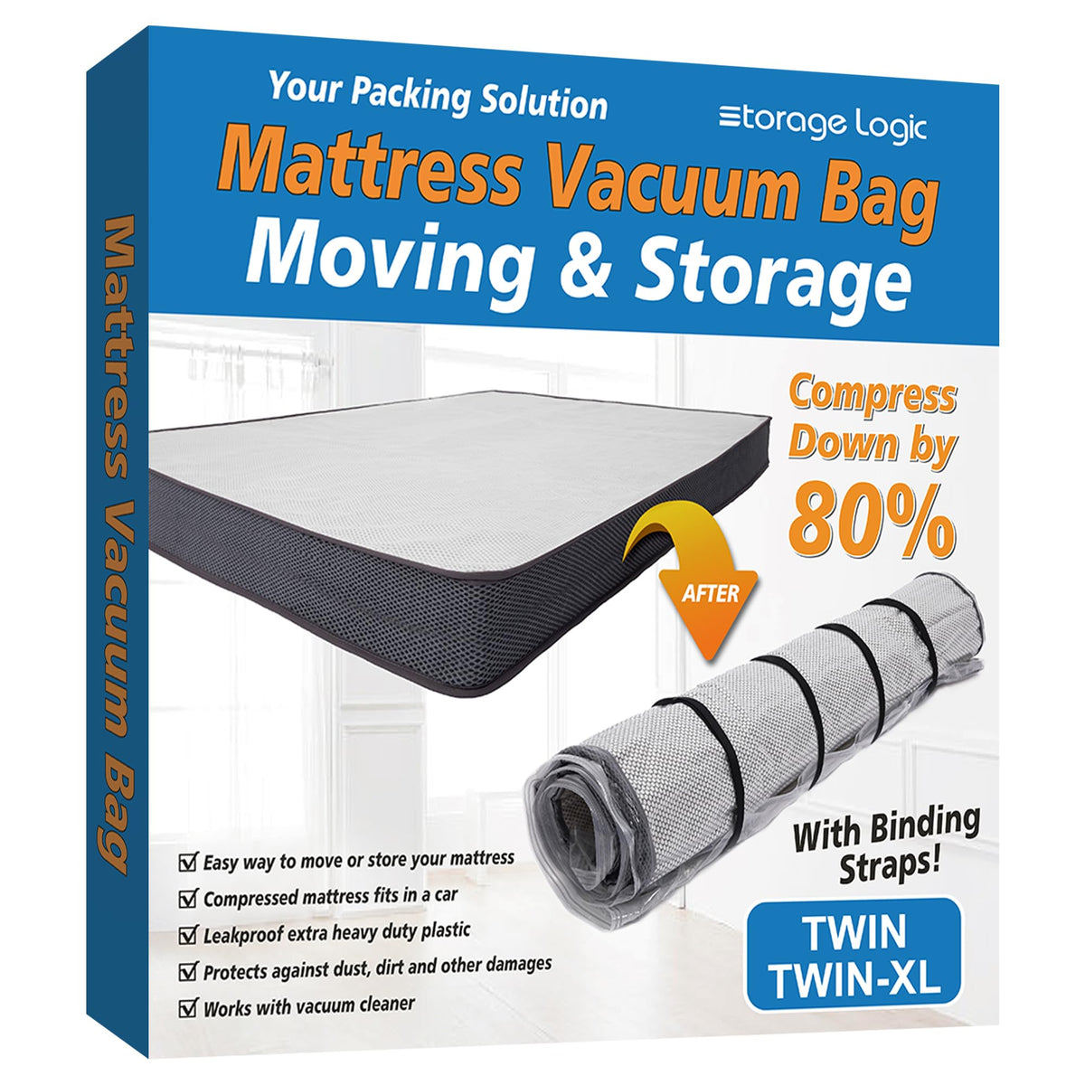 Storage Logic foam mattress vacuum bag rolled up for easy moving