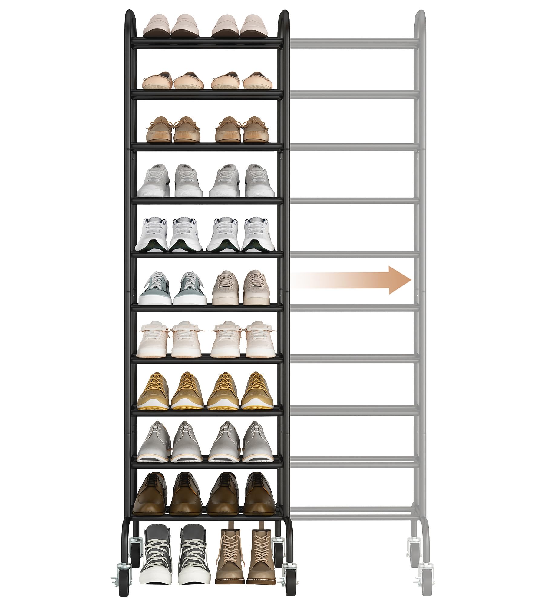 STORAGE MANIAC 10-tier expandable shoe rack wide view demonstrates adjustable capacity.