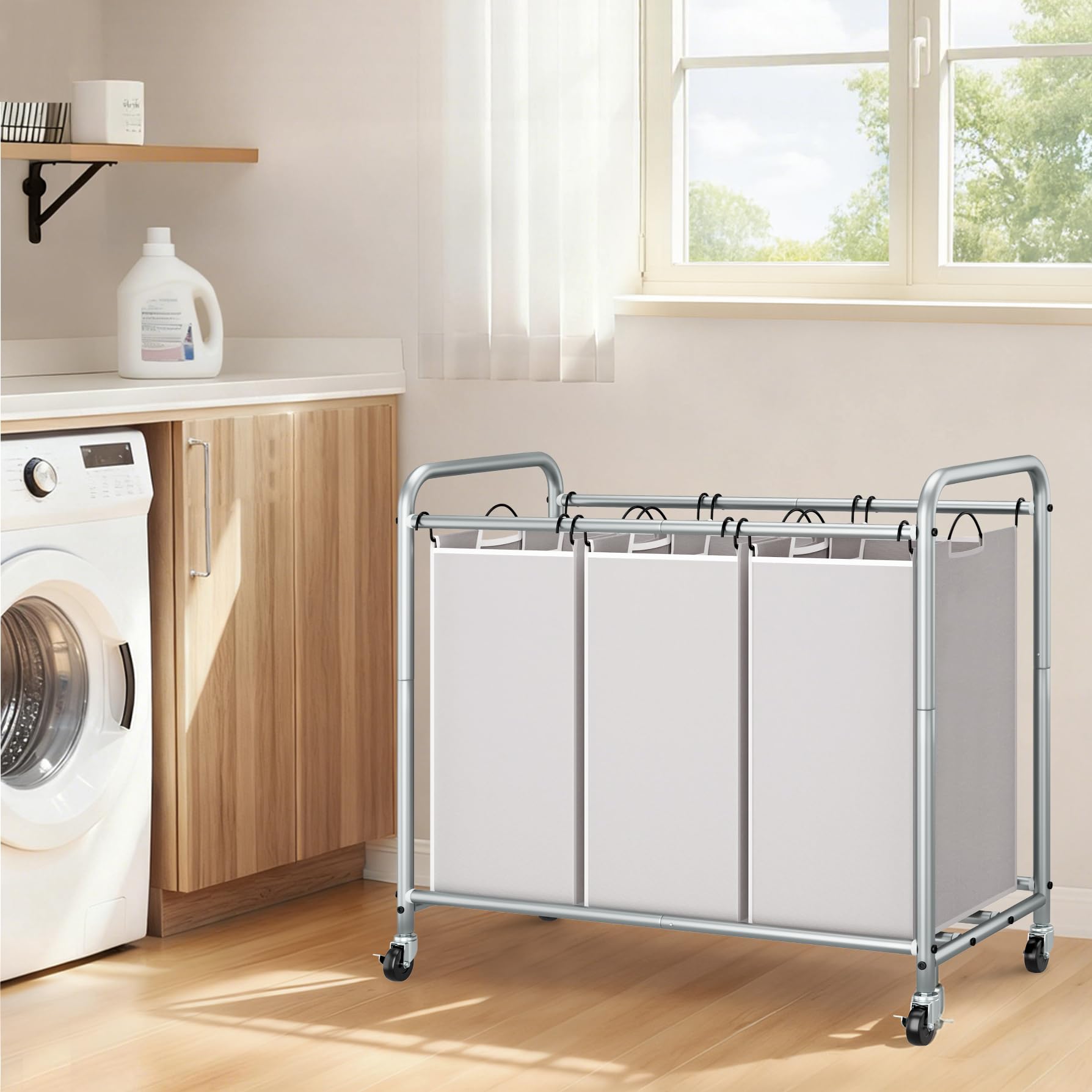 STORAGE MANIAC 3-Section Laundry Sorter measures 135L total capacity.
