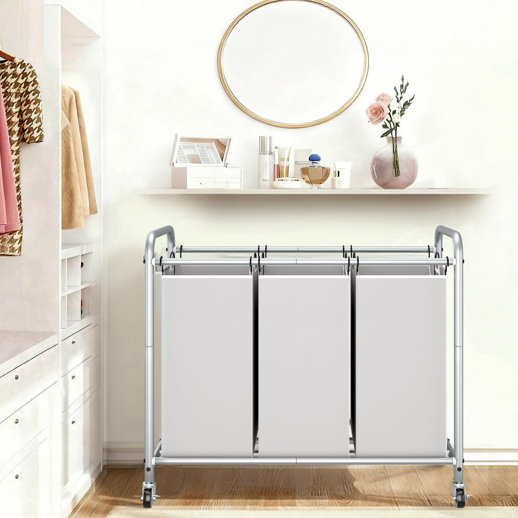 STORAGE MANIAC 3-Section Laundry Sorter in use shows organized workflow.