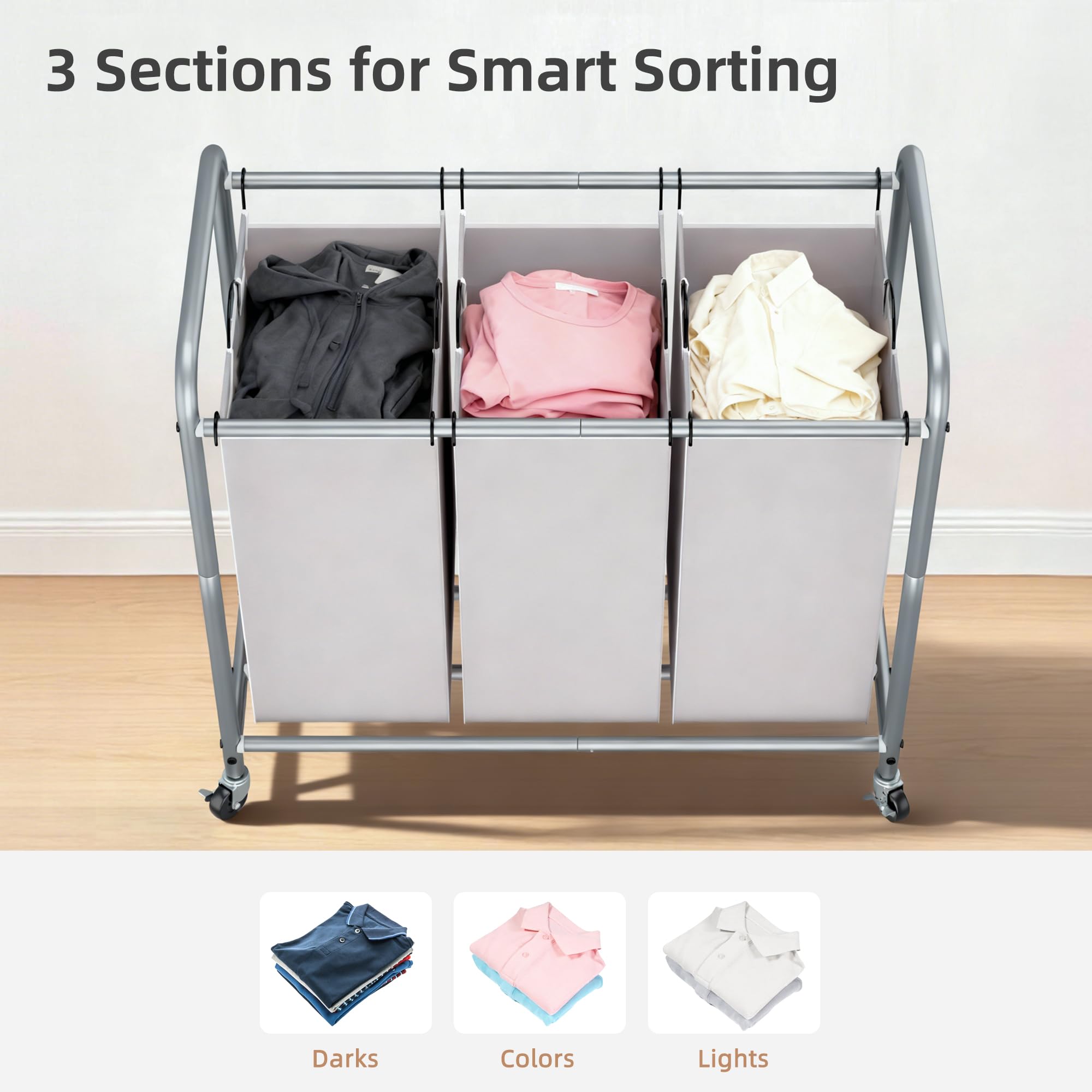STORAGE MANIAC 3-Section Laundry Sorter with heavy-duty wheels enables smooth mobility.