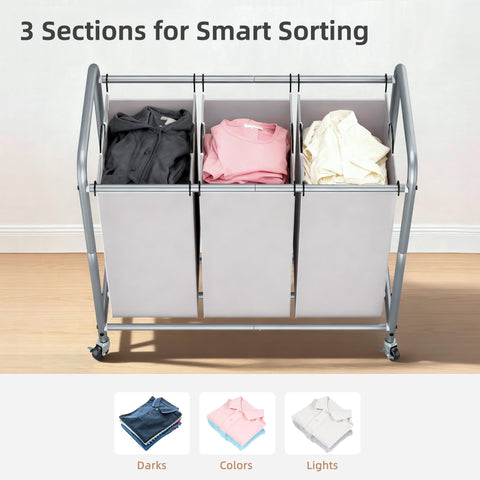 STORAGE MANIAC 3-Section Laundry Sorter with heavy-duty wheels enables smooth mobility.