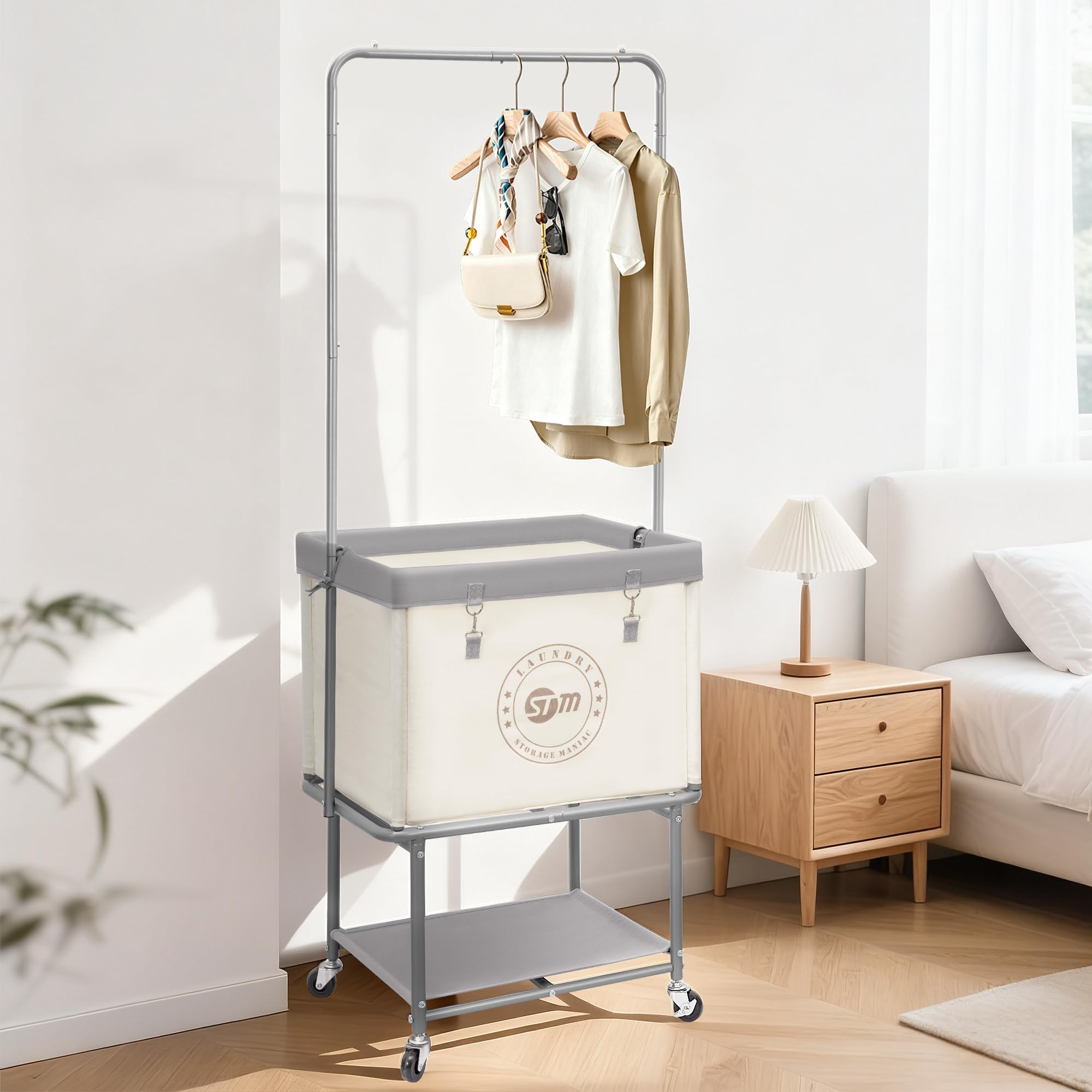 Storage Maniac beige rolling laundry cart blends with home decor while organizing laundry efficiently.