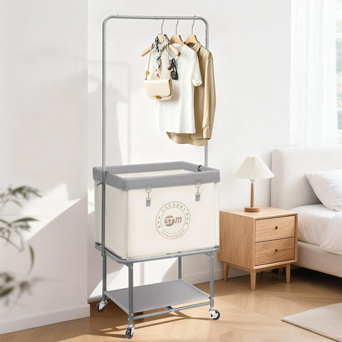 Storage Maniac beige rolling laundry cart blends with home decor while organizing laundry efficiently.