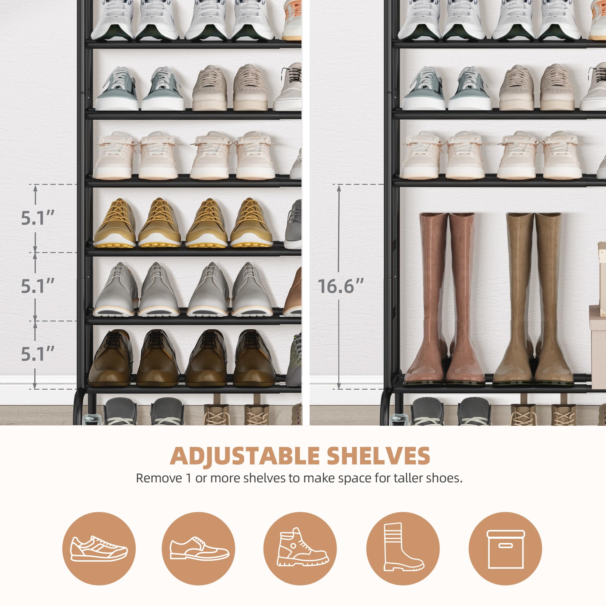 Boot-storage view shows tall boots accommodated by removable tiers for versatility.