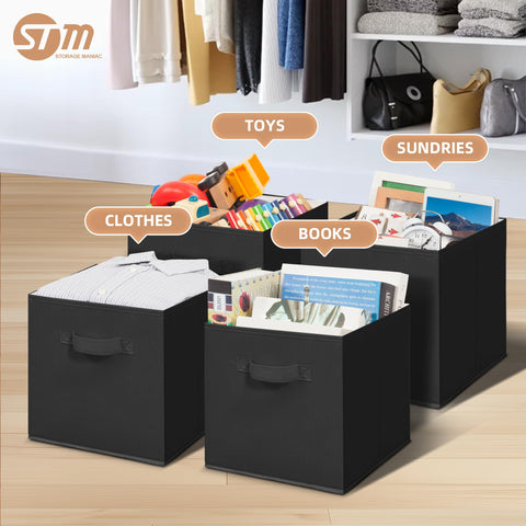 Storage Maniac 11-inch cube bin side view; sturdy handles for easy lifting.