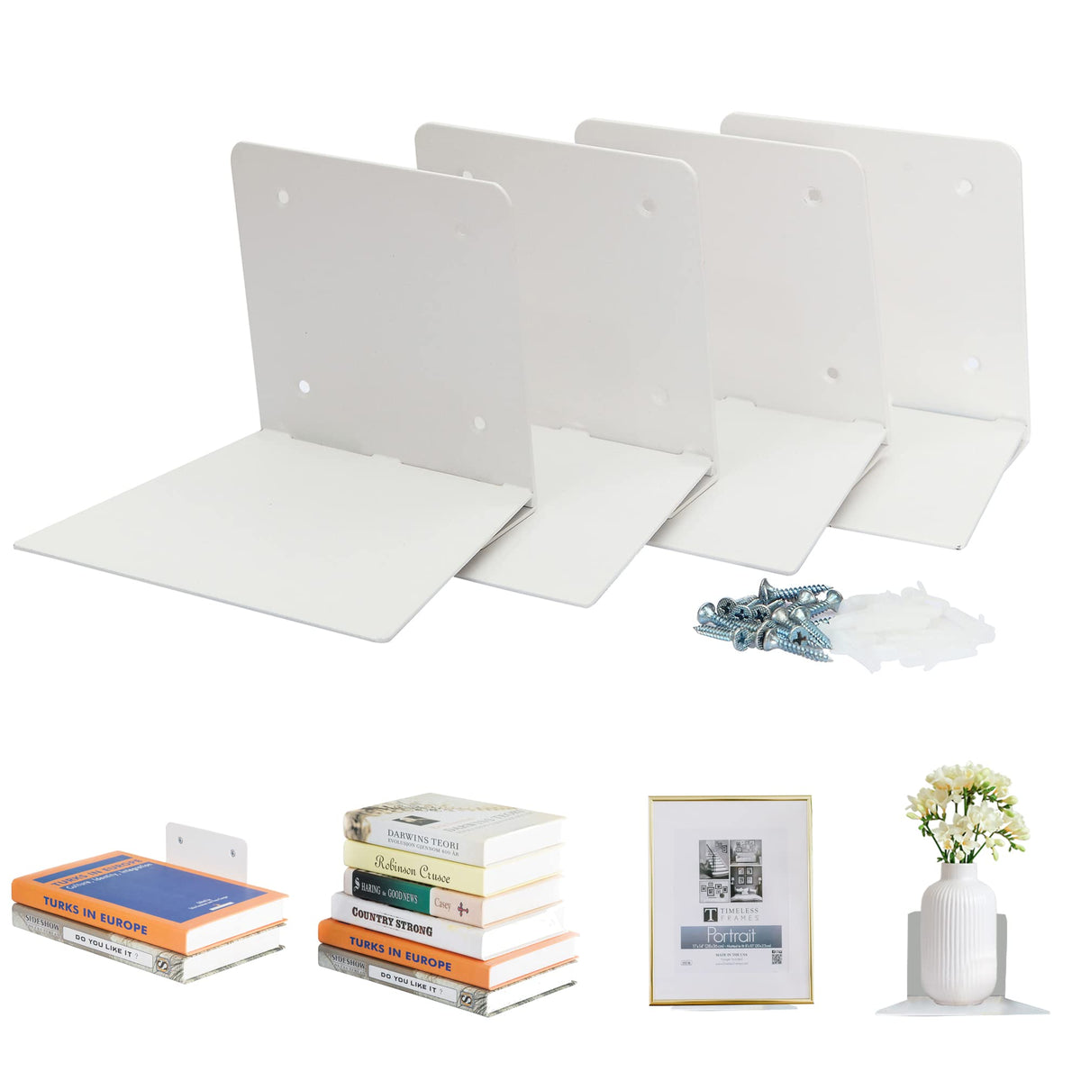Storage Maniac floating shelves on white wall, front view showing hidden-book aesthetic and space saving