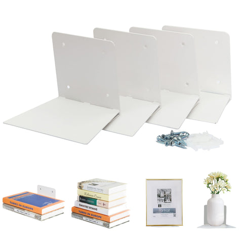 Storage Maniac floating shelves on white wall, front view showing hidden-book aesthetic and space saving