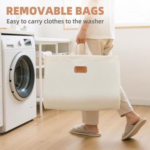 Storage Maniac four-section sorter with removable bags for easy laundry transport