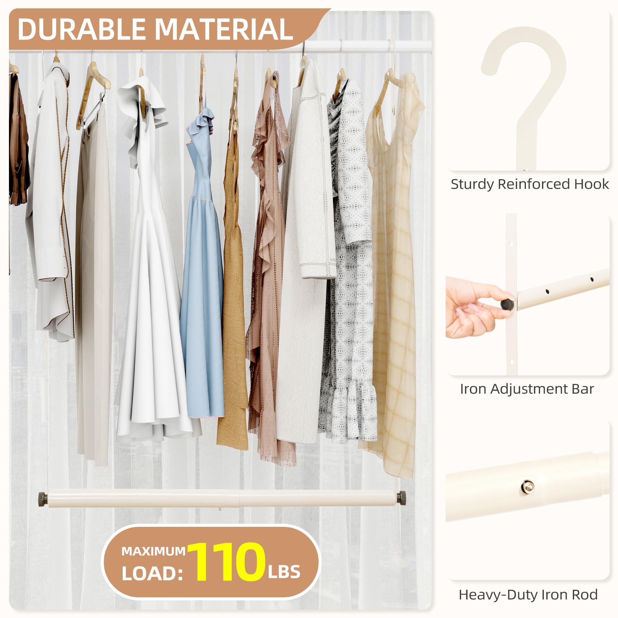 Height adjustable rod expands to fit different closet heights.