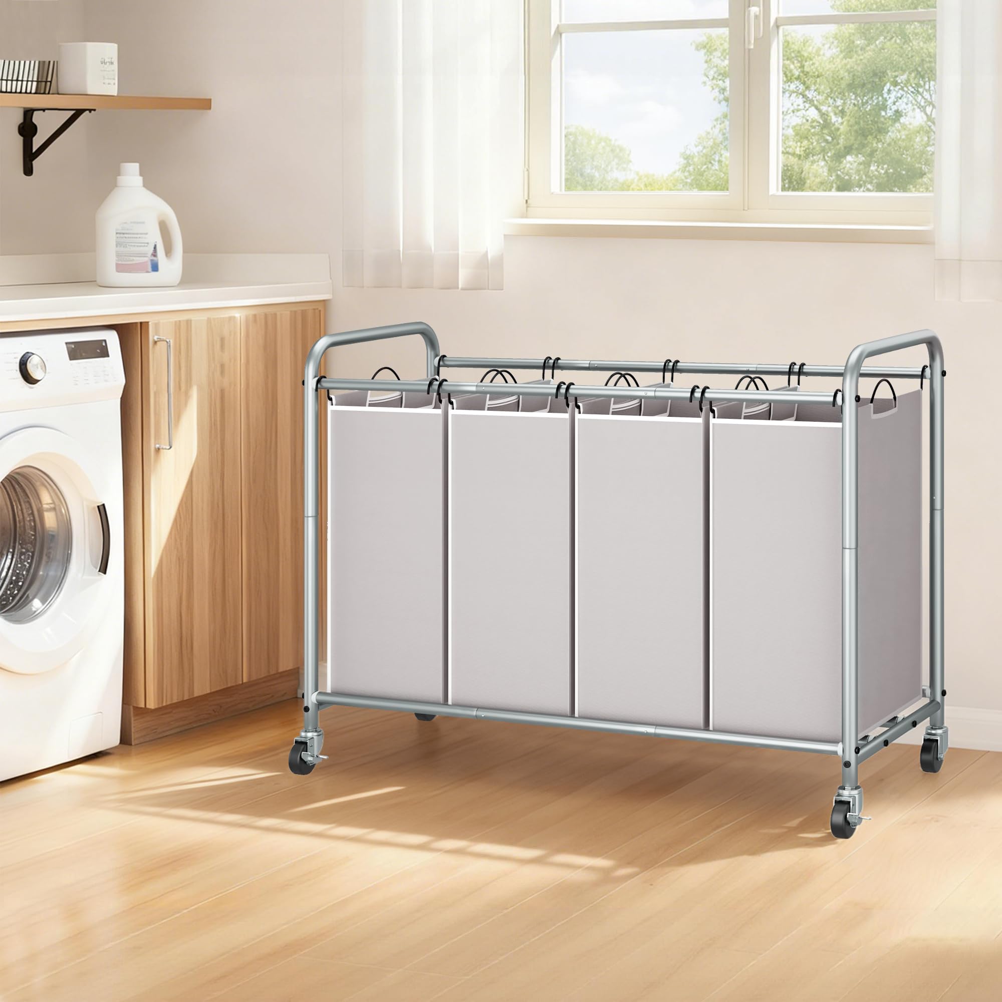 STORAGE MANIAC Laundry Sorter organization reveals multi-compartment layout for prep.