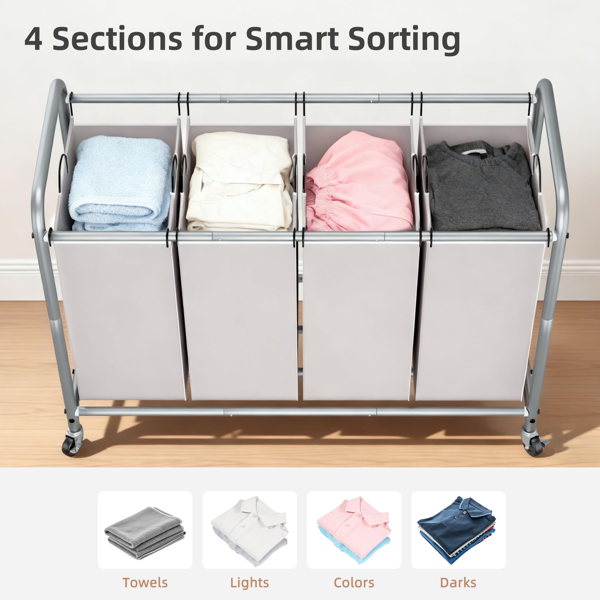 STORAGE MANIAC Laundry Sorter removable bags illustrate easy transport to washer.
