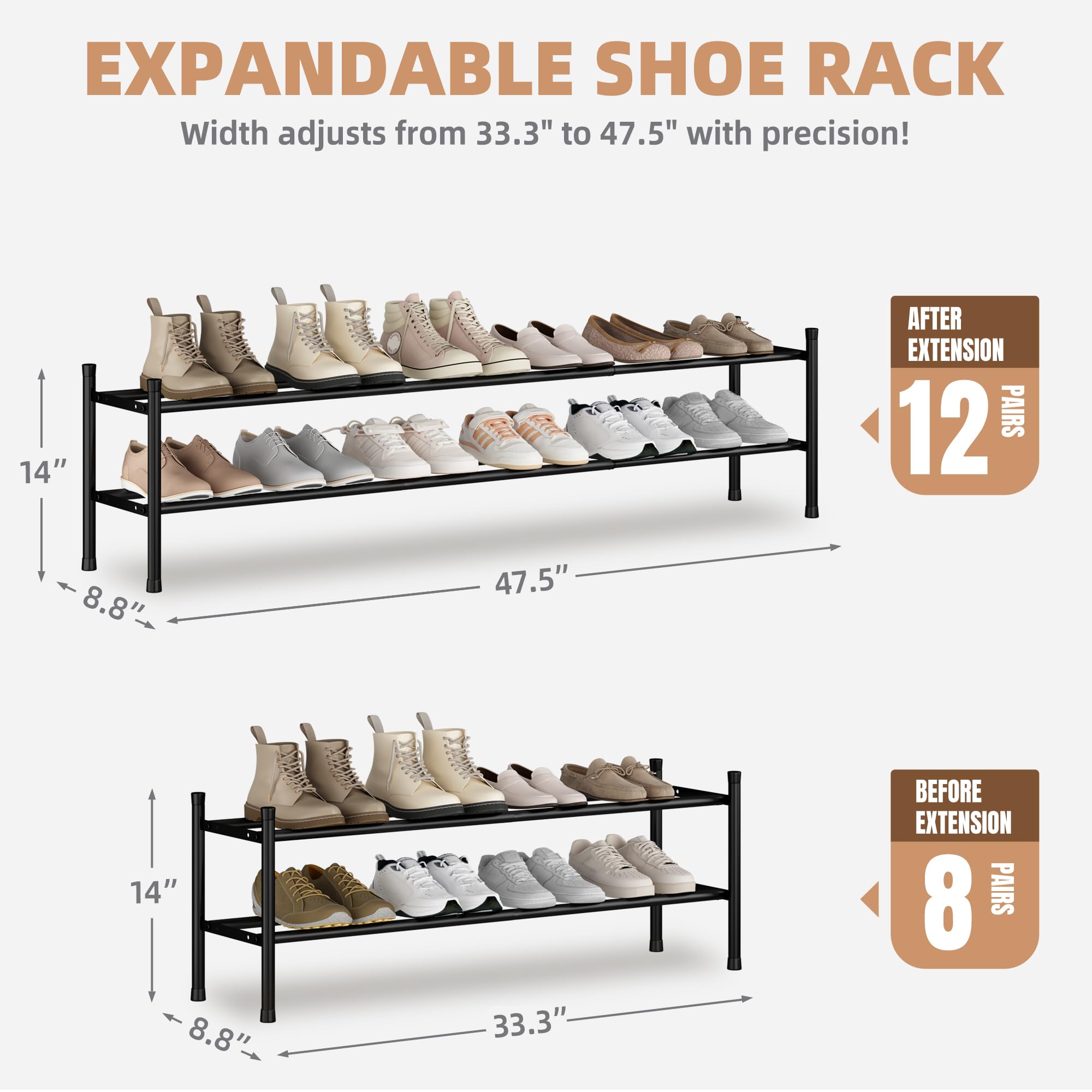 STORAGE MANIAC flexible-bar version highlights adjustable spacing for small shoes or flats.