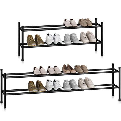 STORAGE MANIAC long expandable shoe rack extended, showing space-saving capacity for up to 12 pairs.