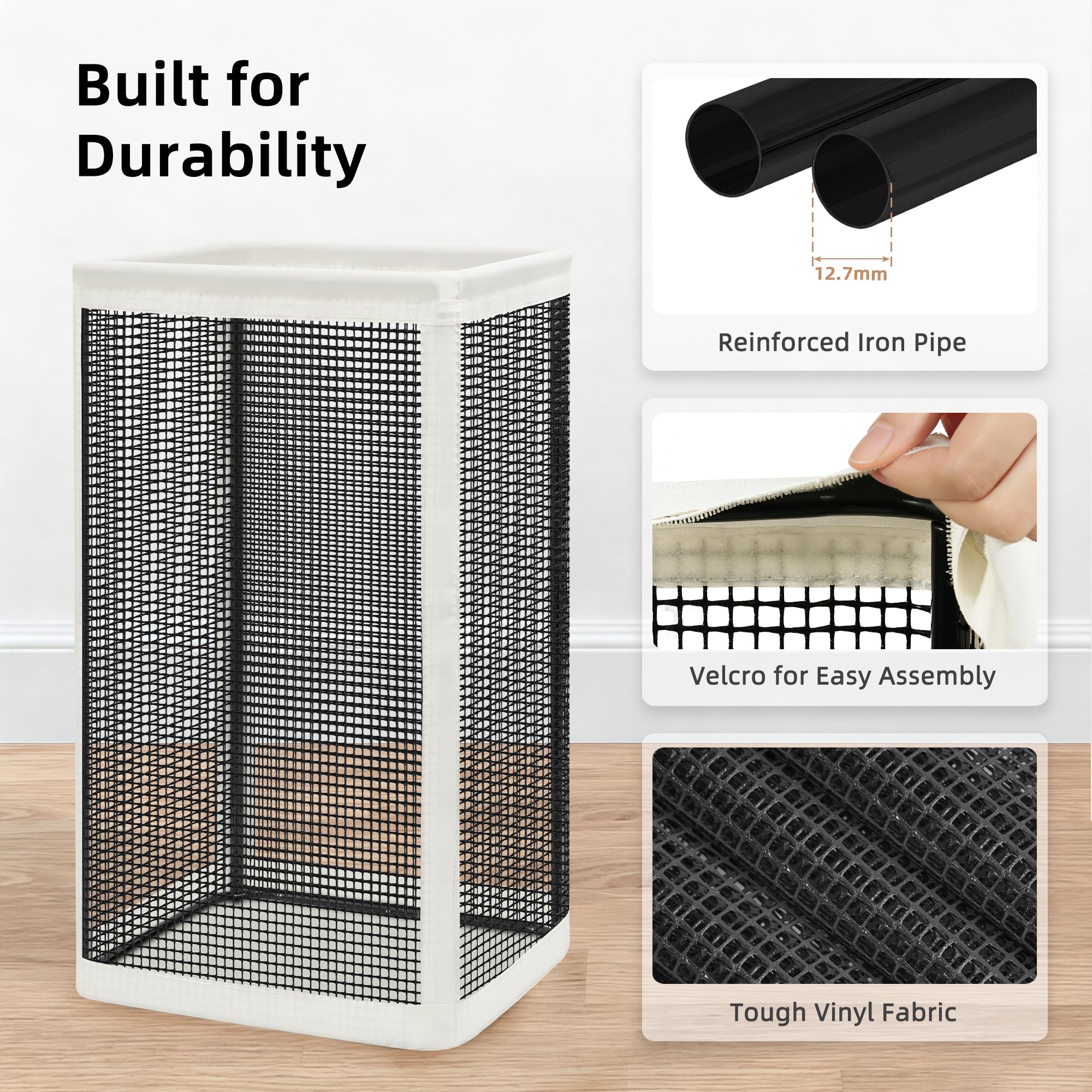 Storage Maniac mesh laundry hamper Velcro assembly for quick setup.