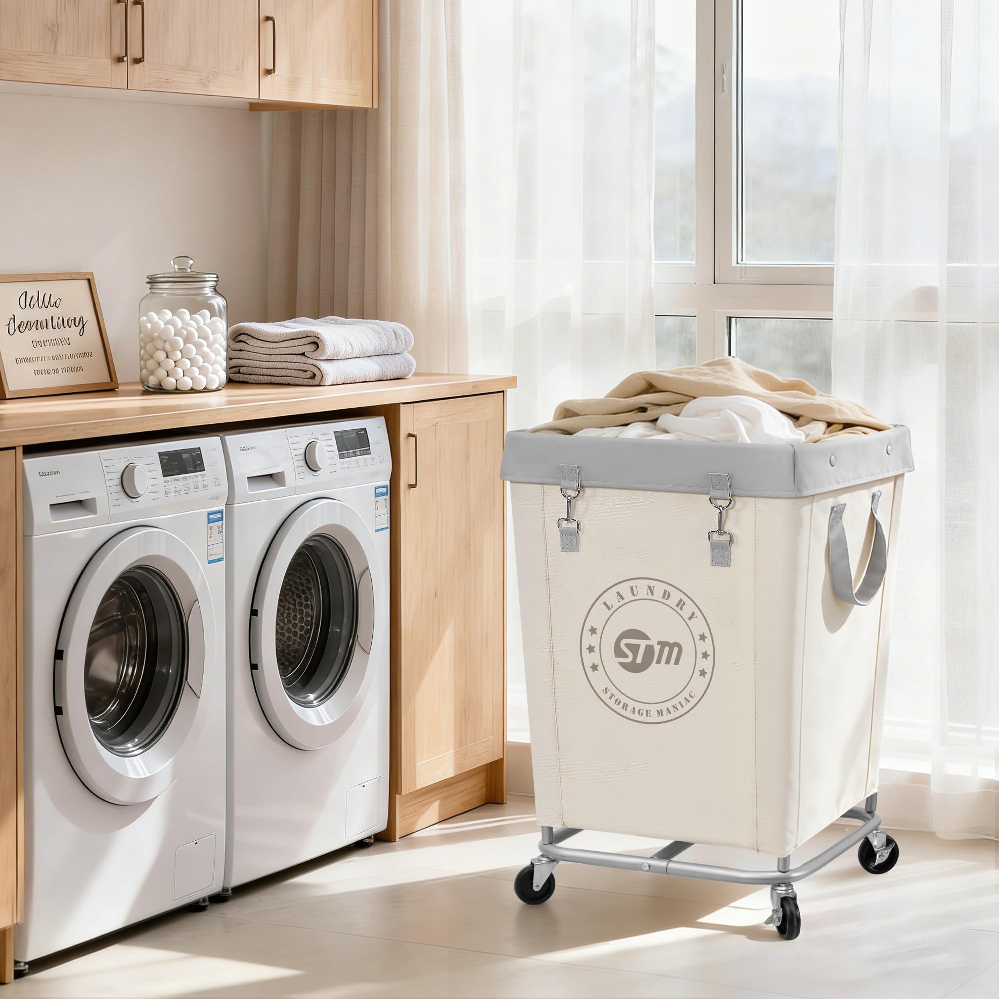 Storage Maniac durable canvas bag, easily cleaned after busy laundry days.
