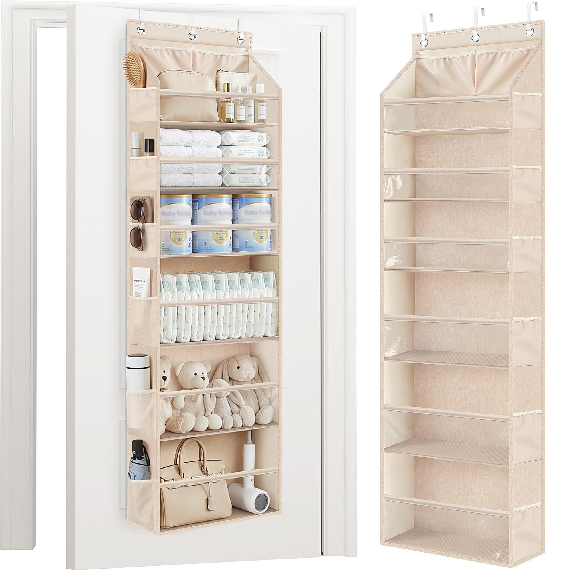 Storage Maniac over-the-door organizer with clear deep pockets keeps items visible.