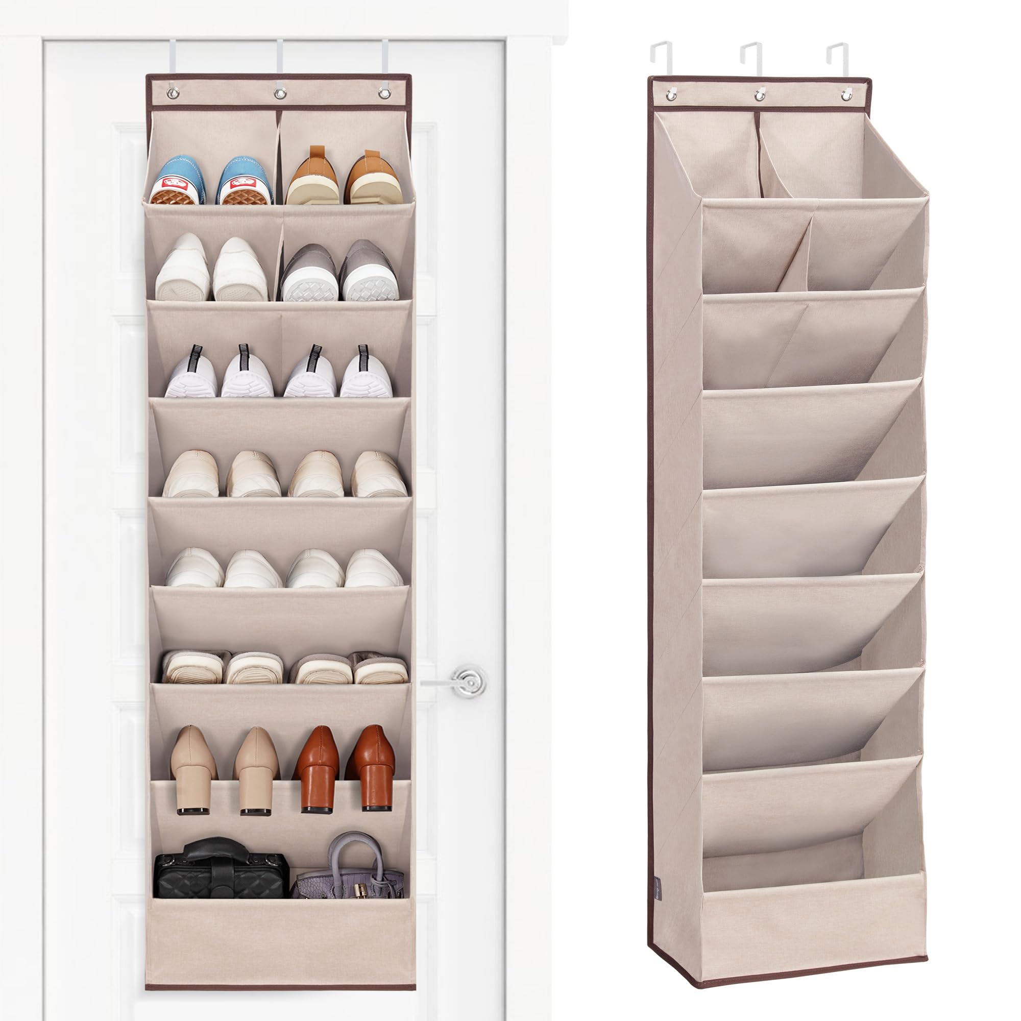 Storage Maniac over-the-door shoe organizer on door keeps pairs handy.