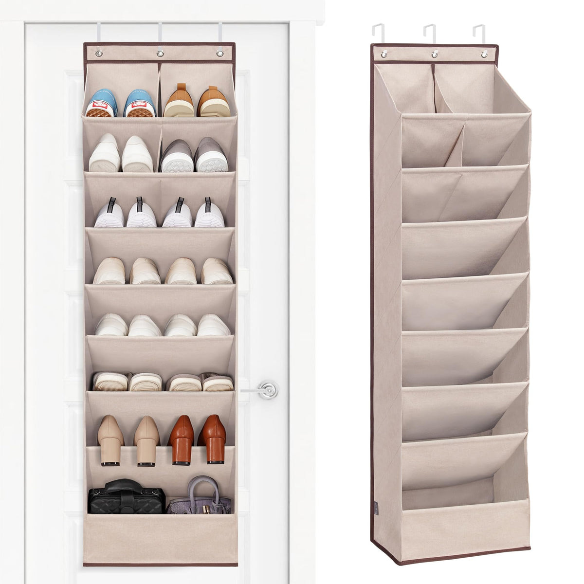 Storage Maniac over-the-door shoe organizer on door keeps pairs handy.