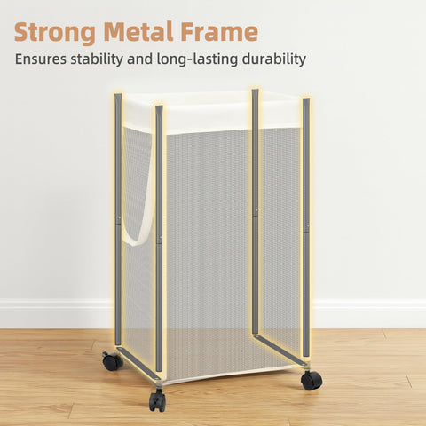 Storage Maniac rolling laundry basket with removable liner for easy bag transport.