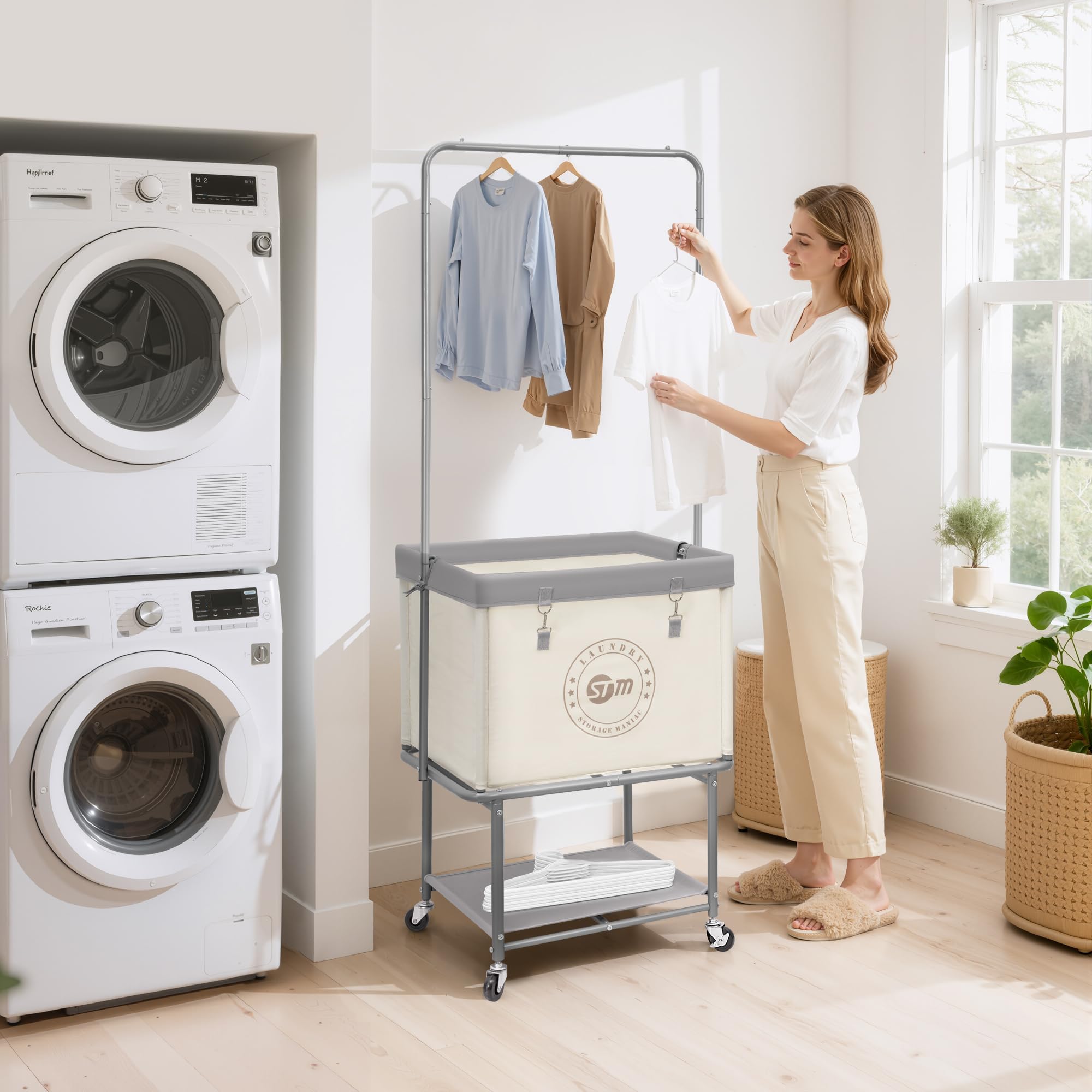 Storage Maniac rolling laundry cart features 360-degree wheels for easy movement.