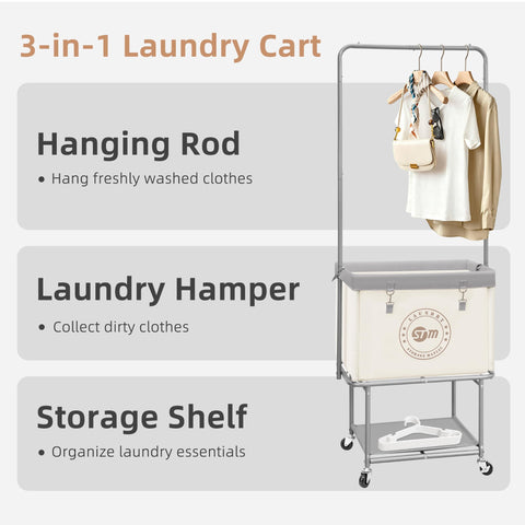 Storage Maniac beige rolling laundry cart with hanging bar streamlines air-drying delicate garments.
