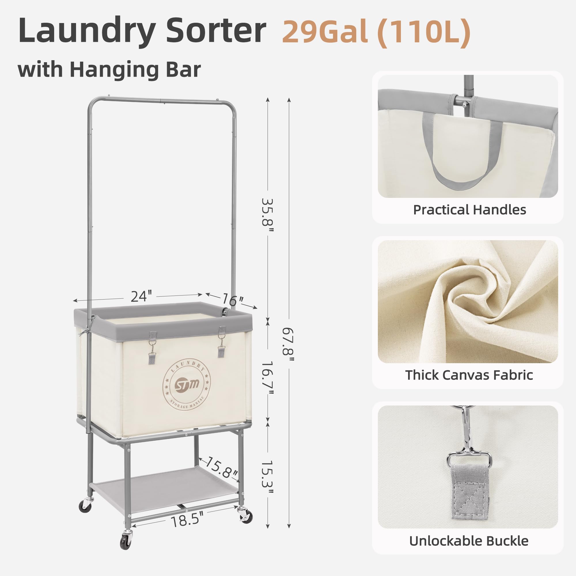 Storage Maniac rolling laundry cart raised upper basket eases loading and unloading.